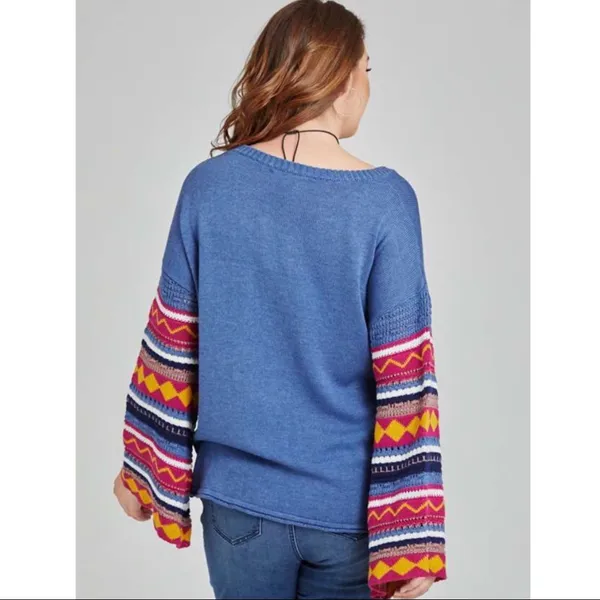 Killian BoHo Bohemian Patterned Sleeve Dusty Blue Bell Sleeve Sweater NWT - Image 8