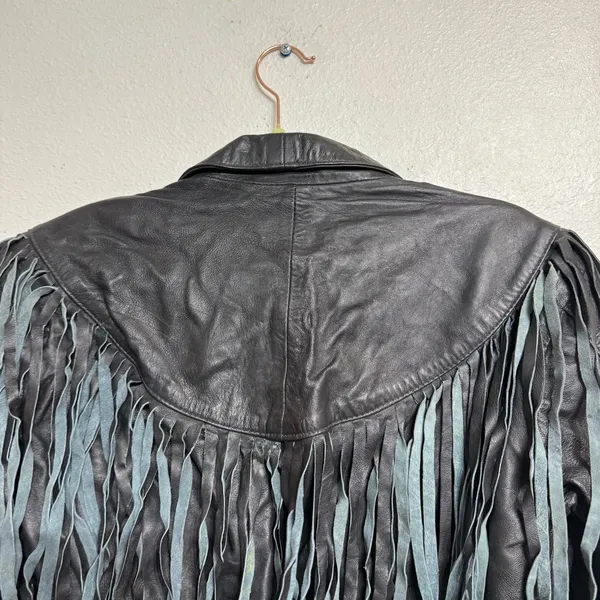 Vintage Black Leather Western Moto Fringe Cropped Jacket Sz M - Image 8
