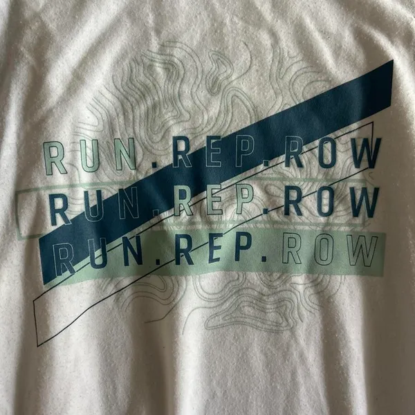 Orangetheory White Tank Top with Blue and Green Text that say, “RUN, REP, ROW” graphic, size S - Image 2