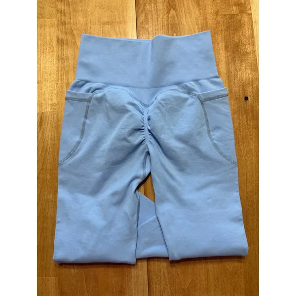 Unbranded Light Blue High Waisted Scrunch‎ Butt Seamless Leggings with Pockets M - Image 5