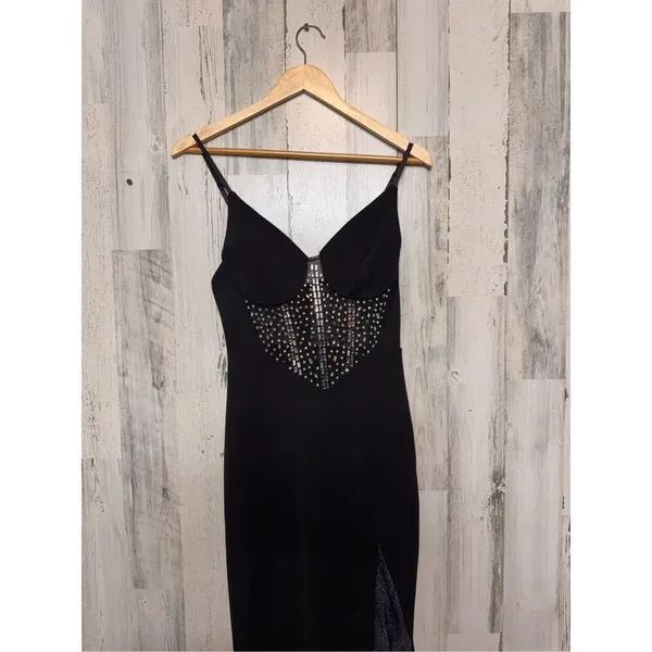 Black Rhinestone Mesh Evening Gown – Slit Maxi Dress, Size M - Image 4