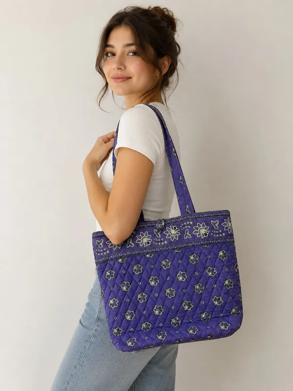 Vera Bradley Purple Quilted Tote Bag Floral Paisley Print Cotton Shoulder Bag - Image 2