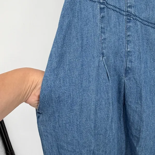 Aerie L Chambray Denim Wide Leg Jumpsuit Overalls Coastal Boho Pockets - Image 5