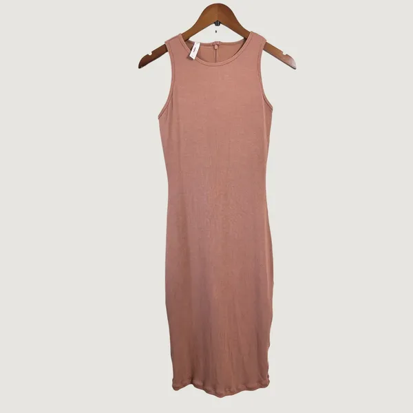 Popilush Built-In Shapewear Ribbed Slip Dress Mauve Pink Sleeveless Midi Large - Image 3