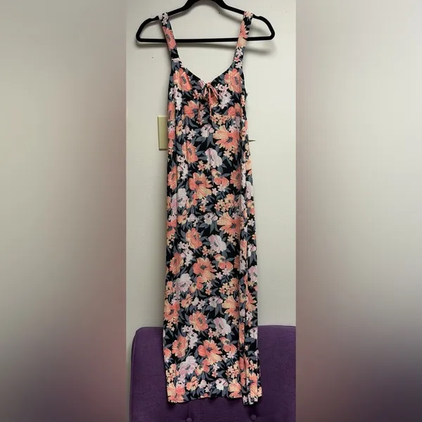 SO Floral Tie-Front Midi Dress Small Black Peach Floral Grunge Fairycore Boho - Image 5