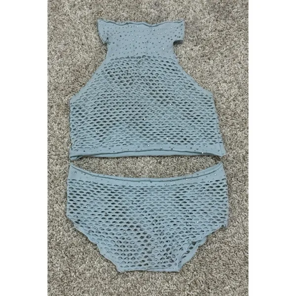 Sparkly Blue Fishnet Two Piece Crop Top Cheeky Bottoms Set Festival Rave OS - Image 5