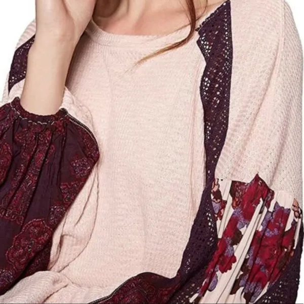 Free People Womens Casual Clash Waffle Top In‎ Rose Balloon Sleeves Boho Sz S - Image 4
