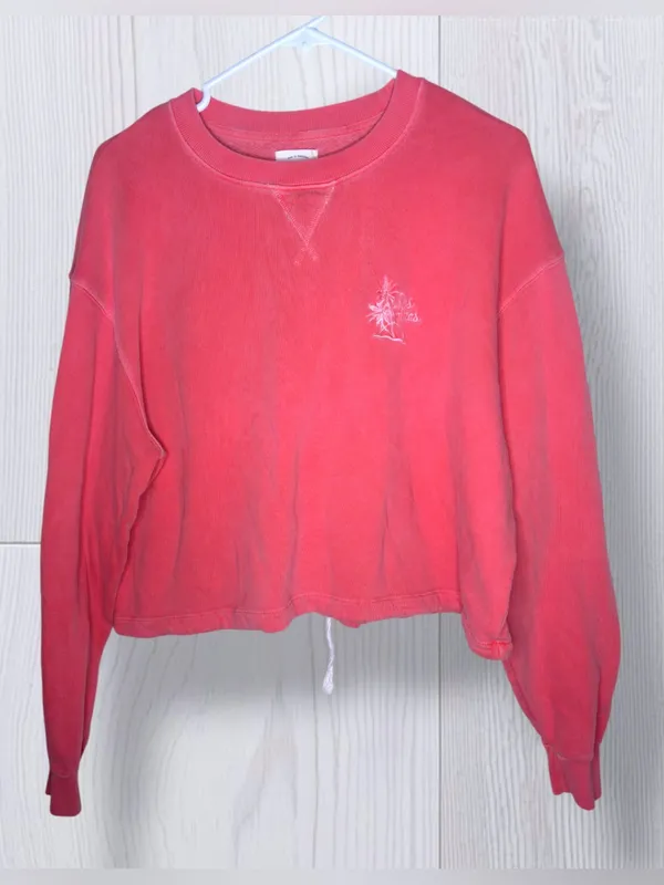 BILLABONG Coral Pink Cropped Crewneck Sweatshirt | Palm Embroidery Hem Drawstrin - Image 3