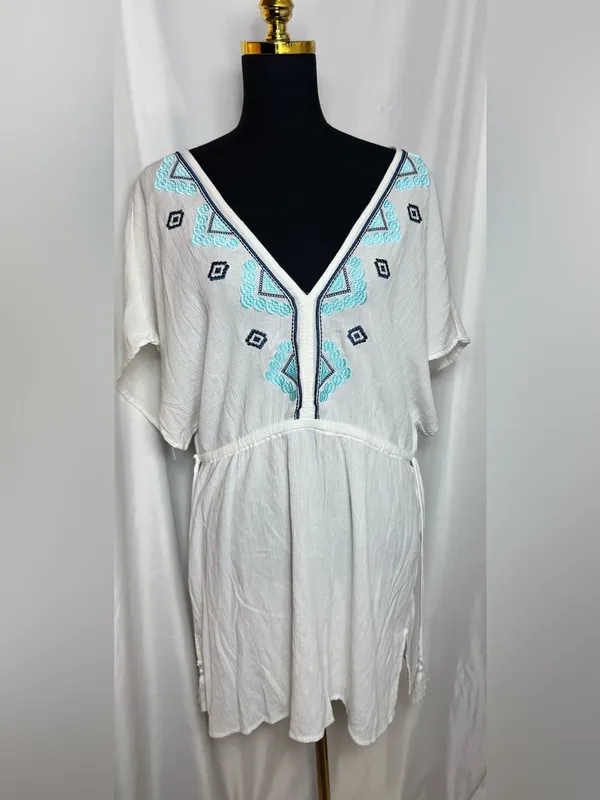 Kona Sol White Embroidered V-Neck Swim beach Cover-Up Tunic Large NWOT - Image 4