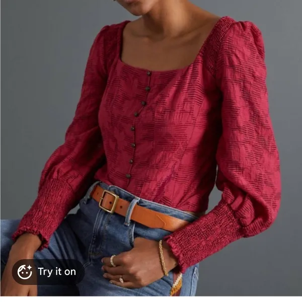 Anthropologie Pink Floral Ruffle Blouse Smocked Puff Sleeve Sz XS Cottagecore - Image 3