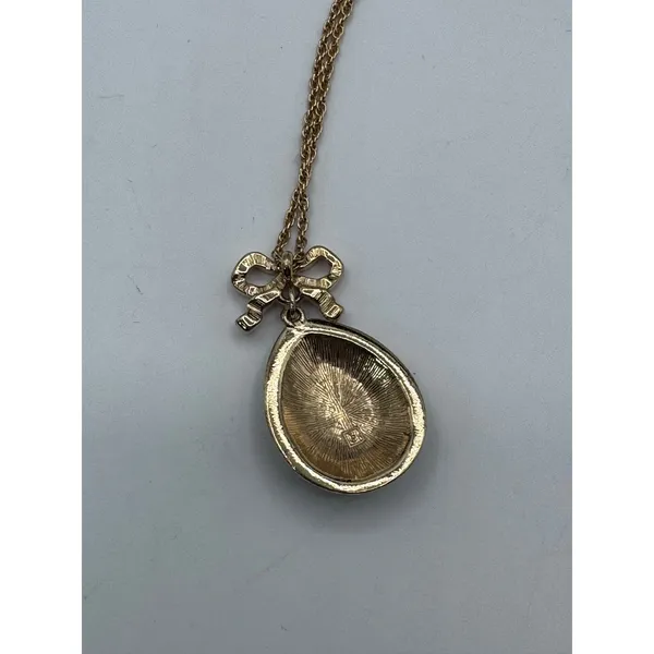 Vintage Blue Enamel Egg Pendant Necklace Bow Detail Gold Tone Chain‎ 18" - Image 5