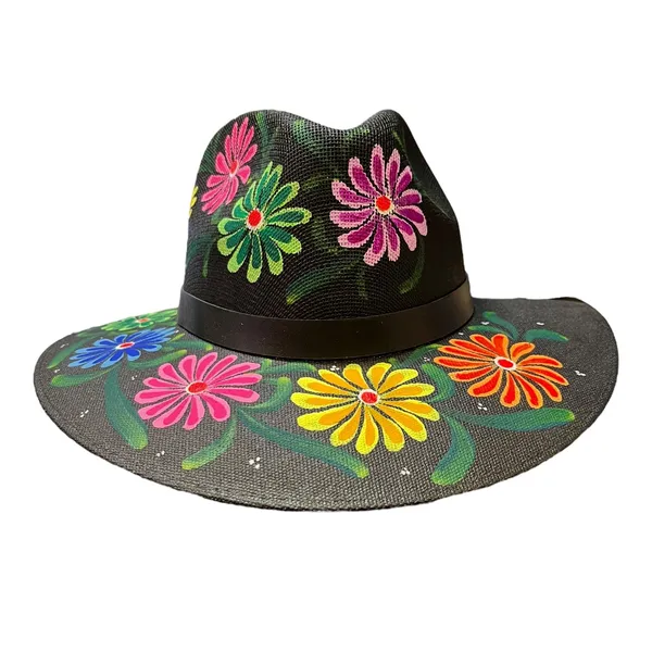 HAT MEXICAN Artisanal Hand Painted Fedora Floral Sombrero Panama Bohemian Black - Image 9