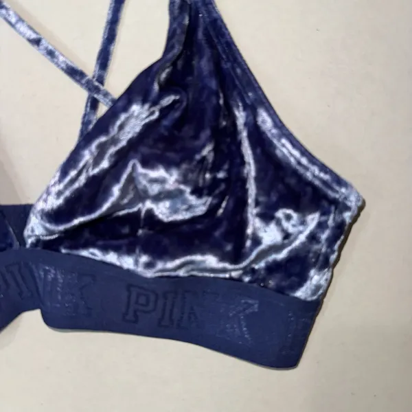 PINK - Victoria's Secret Dark Blue Velvet Triangle Bralette Women’s Size Medium - Image 4