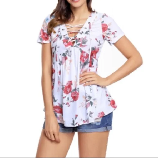 White Floral Lace Up V Neck Top - Image 3