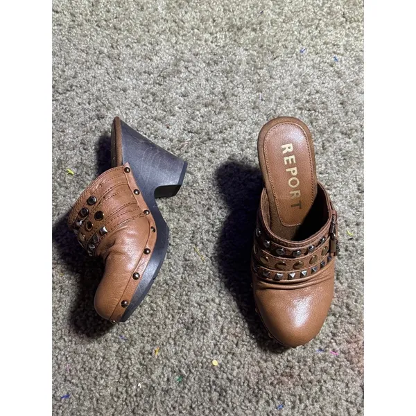 Report Tan Leather Studded Buckle Clogs Wood‎ Block Heel Mules Womens 7 - Image 2