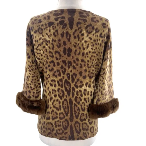 Neiman Marcus collection‎ cashmere fur trim leopard sweater sz L - Image 2