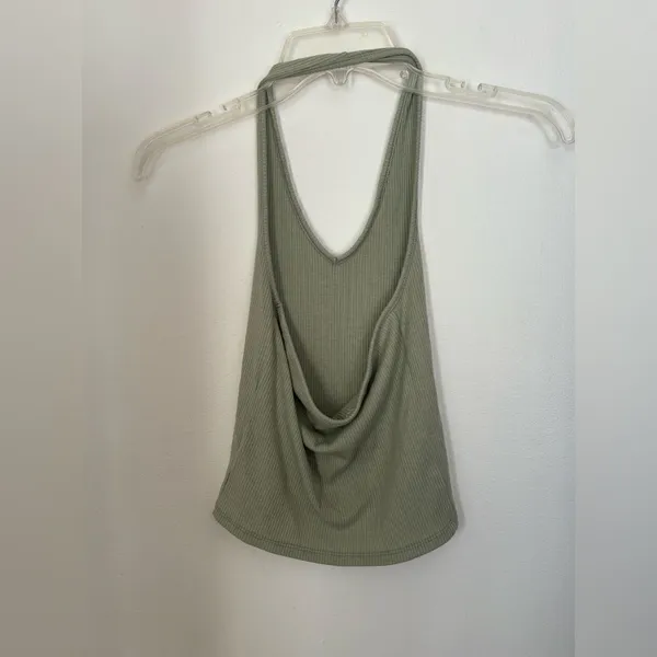 American Eagle Ribbed Halter Top Open Back V Neck Size XS Green - Image 6