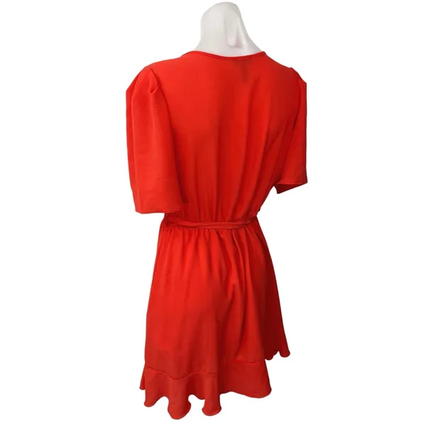 Aqua Women's Orange V-Neck Short Puff Sleeve Ruffle Belted Tie Mini Wrap Dress M - Image 2
