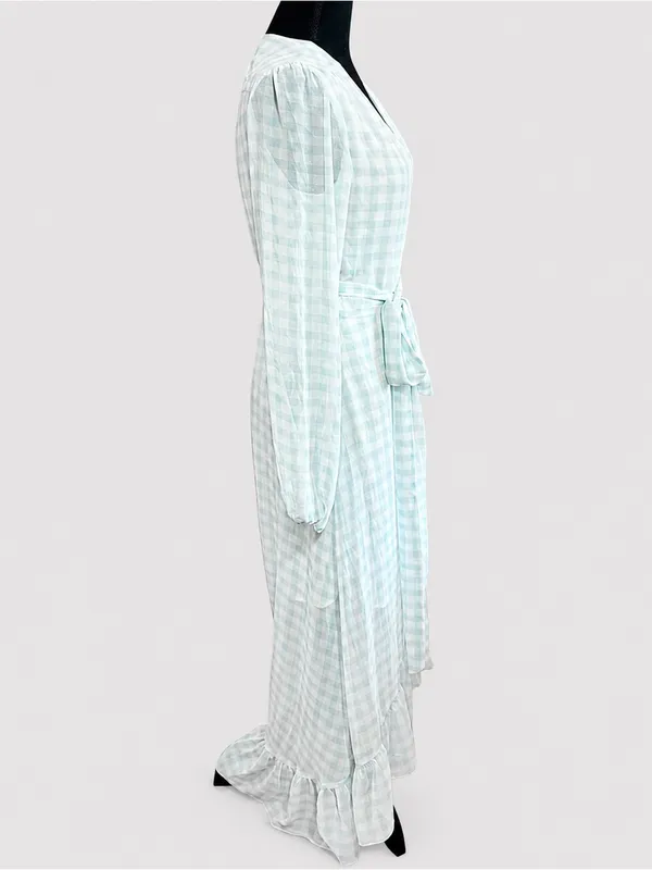 WAYF Blue White Gingham Wrap Ruffle Hi Low Midi Dress NWT M Cottagecore - Image 8