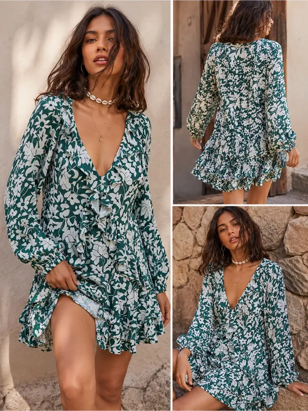Free People‎ Rebecca Floral Green White Ruffle Tiered Long Sleeve Mini Dress - Image 2