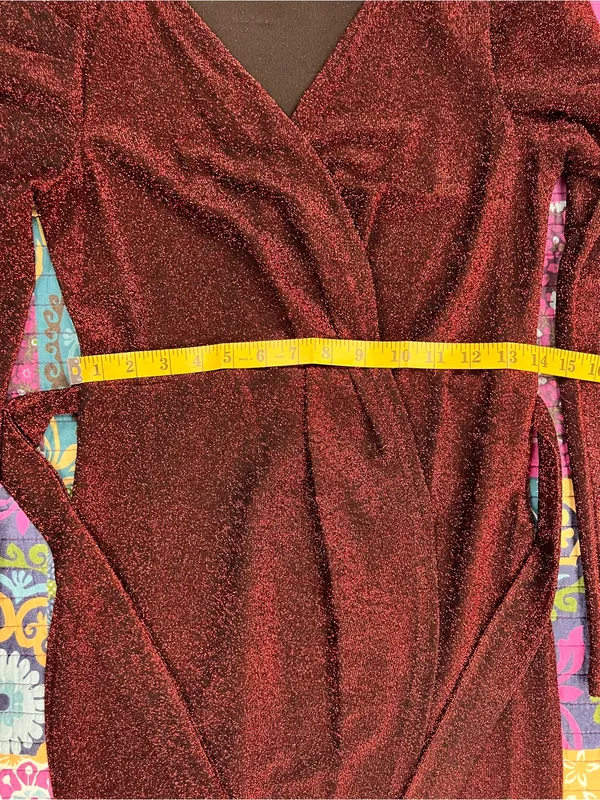 Elegant Burgundy Shimmer Faux Wrap Dress - Puff Sleeves Tulip Hem - Image 7