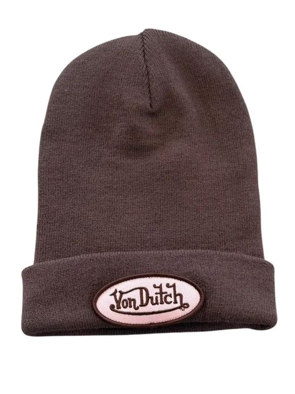 VON DUTCH Patcher Beanie Embroidered Pink Patch Velvet Brown One Size NEW - Image 3