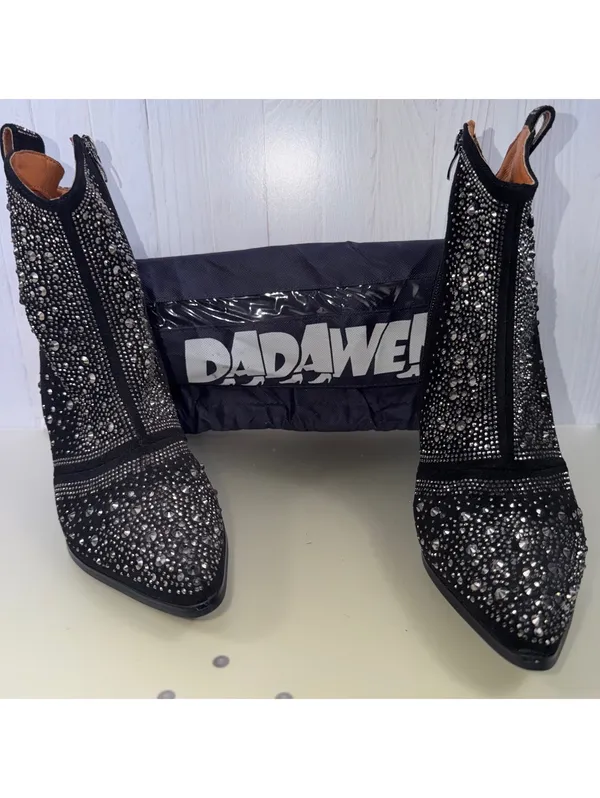 DADAWEN Black Rhinestone Western Ankle Boots Size 8 - Image 2