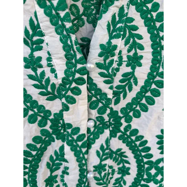 Sunday Up Green White Floral Embroidered Ruffle Neck Blouse Pearl Button Medium - Image 4