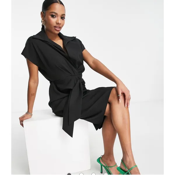 ASOS DESIGN Black Short Sleeve Knot Front Midi Dress US 14 V-Neck Collar - Image 2