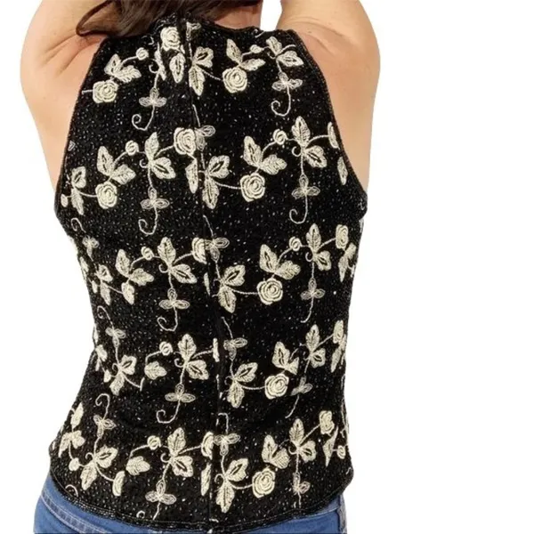 Laurence Kazar Silk Beaded Top Size Large Floral Embroidered Sleeveless Sz L - Image 2