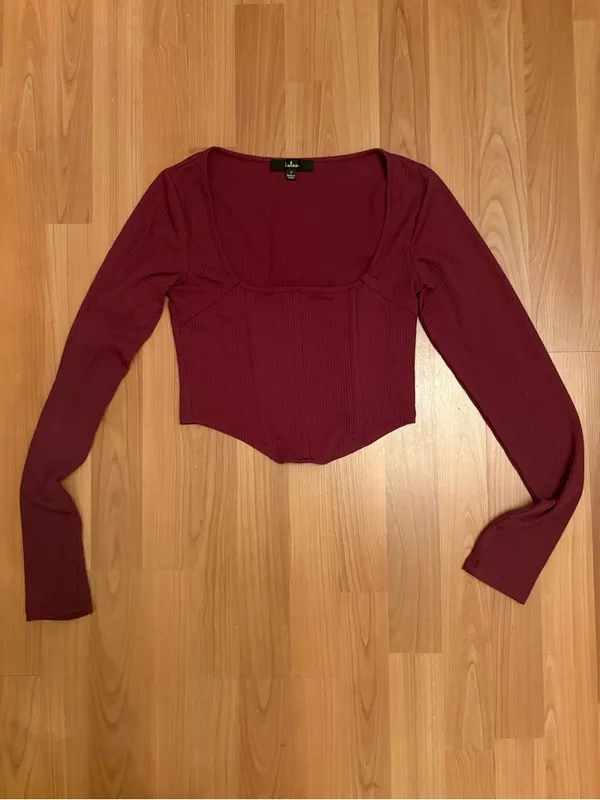 Lulu’s Long Sleeve Burgundy Bustier Crop Top Size S - Image 3