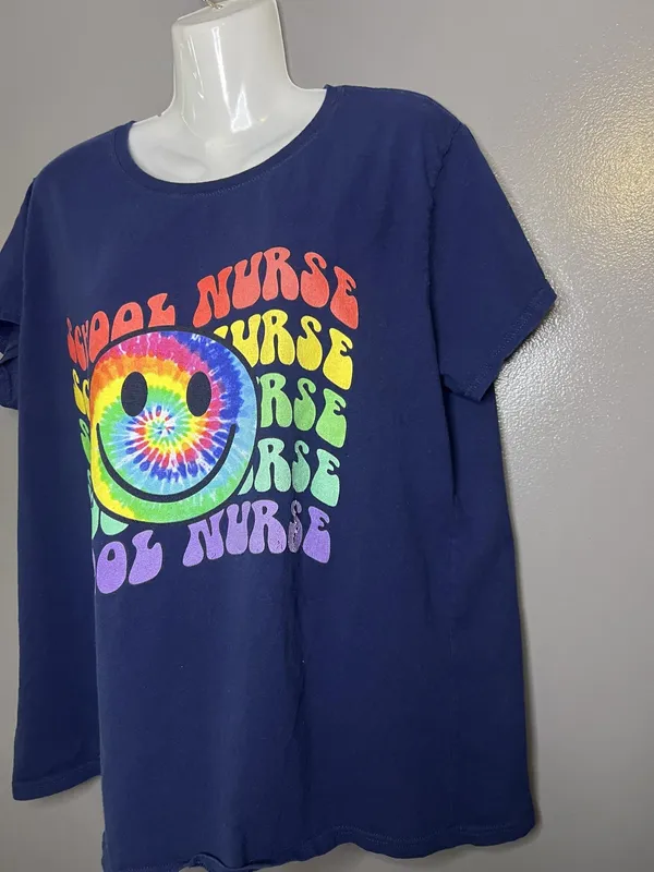 Delta Shirt Womens 2X Blue School Nurse Smiley Face Tie Dye Graphic Tee Shirt - Image 4