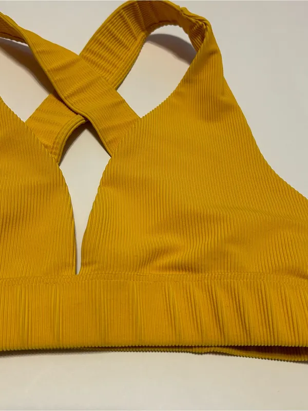 NWOT Mustard Yellow Beach Riot Sports Bra Cross Strap Ribbed V-Neck Bra - Image 3