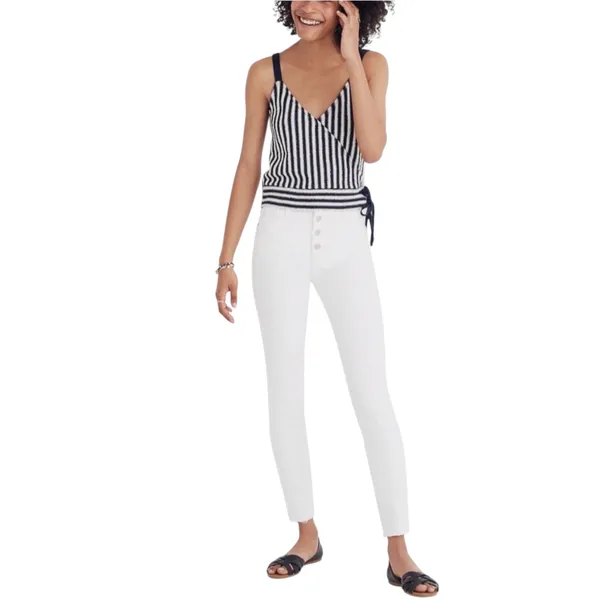 Madewell Navy Blue & Ivory Striped Jacquard Side Tie Faux Wrap Finale Cropped Tank Small - Image 2