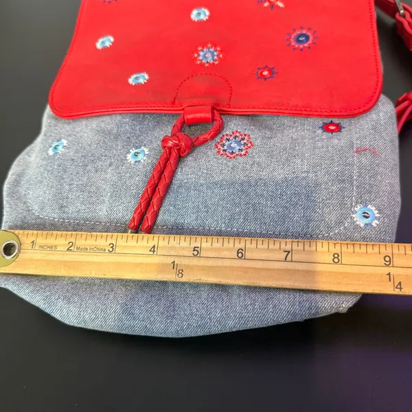 Desigual Floral Embroidered Mandala Denim Backpack Red Blue Mix Media Braided - Image 4