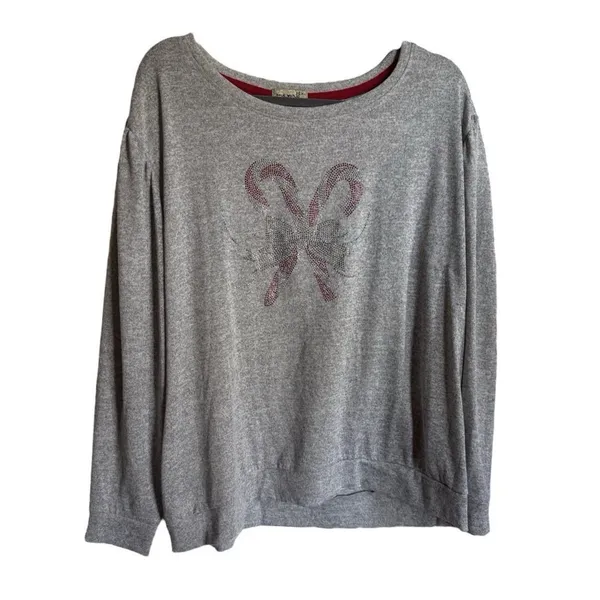One World Womens Top XL Gray Beaded‎ Bling Candy Canes Bow Holiday Blouse - Image 2
