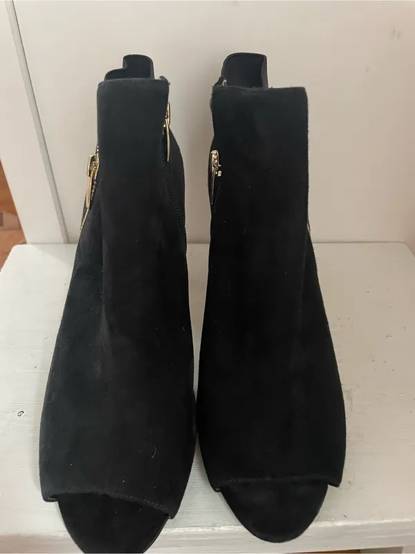 Marc Fisher Black Suede Peep-Toe Ankle Booties with Gold Zip - Image 3