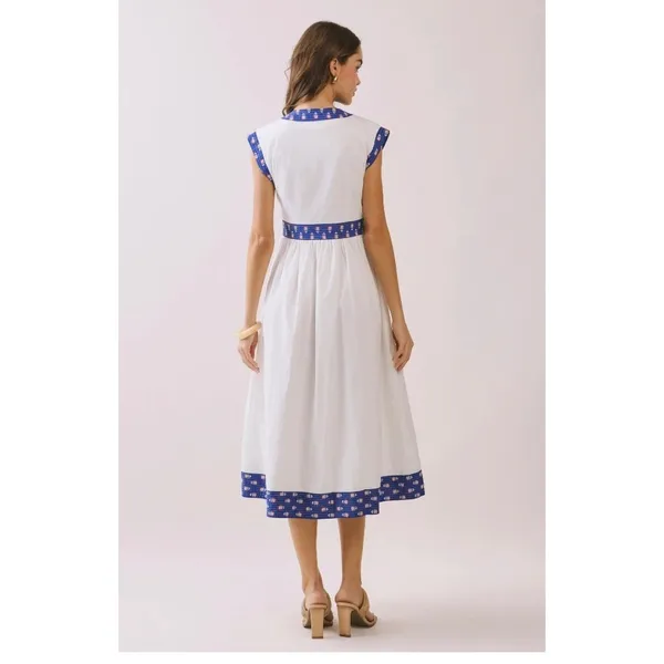 TCEC Womens White Blue Floral Block Print Trim V-Neck Zip Front Midi Dress L - Image 2