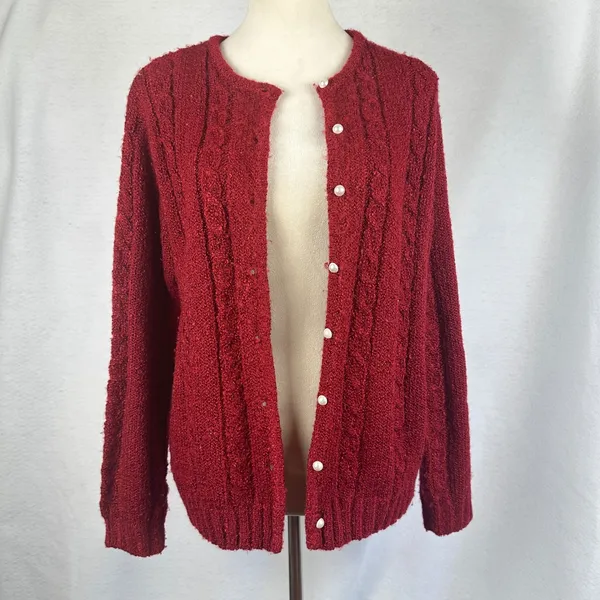 Jennifer Moore Red Knit Cardigan Sweater Pearl Button Front Womens‎ Medium - Image 6