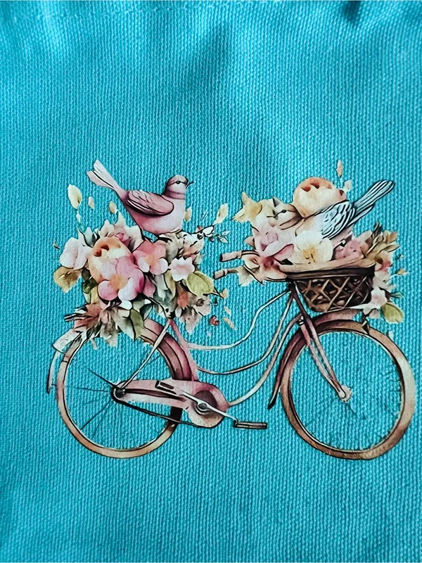 Women’s Aqua Blue Canvas Mid Size Floral/Bike Design Tote Bag NWT - Image 4