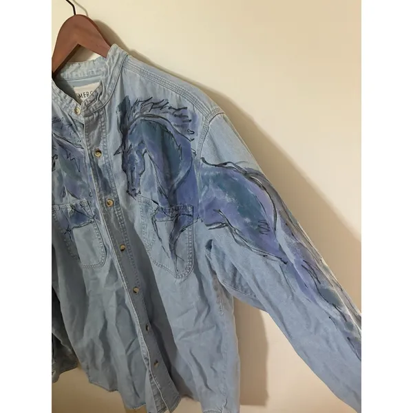 Vintage Denim Shirt Womens M Handpainted Horses Button Down Long Sleeve Merona - Image 5
