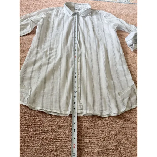Norah Women’s L Beige Striped Button Up Shirt 100% Cotton Roll Tab Sleeves - Image 3