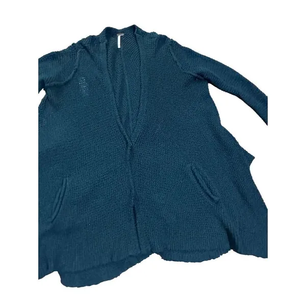 Free People long line open‎ knit snap closure oversized teal cardigan sz XS - Image 4