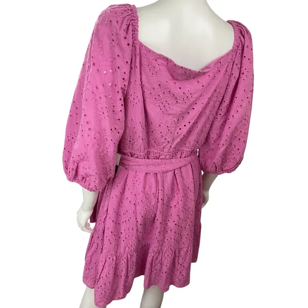 ELOQUII Elements Pink Eyelet Lace Tiered Midi Dress ‎ Belted Size 16 - Image 4