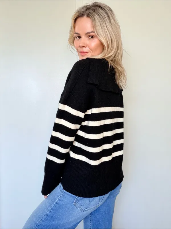 Zara Black & White Striped V-Neck Sweater - Image 6