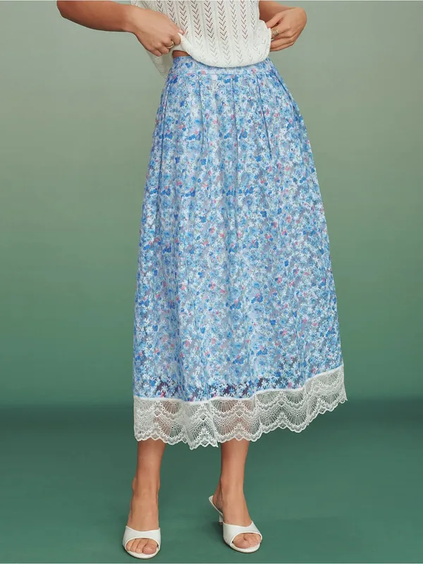 Rihoas Blue Floral Lace A-Line Skirt - Image 4