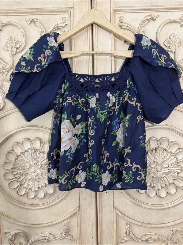 Farm Rio FLOWER TAPESTRY BLUE FLOWERED YOKE BLOUSE Size XSmall - Image 3