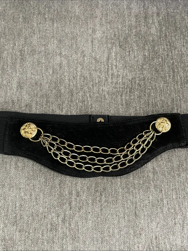 Vintage Circa Genuine Suede Leather Gold Chain Accent Black Elastic Waist Belt - Image 2