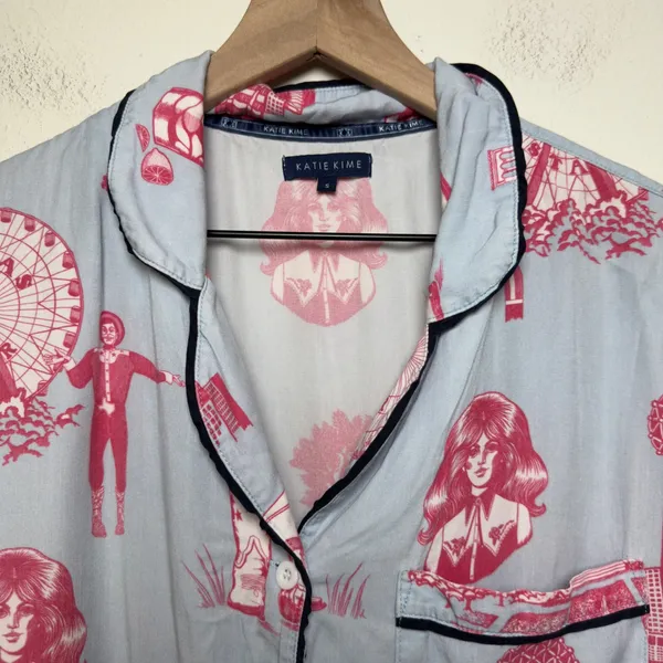 Katie Kime‎ Women Cotton Pajama Top Small Blue Pink Texas Toile Western Big Tex - Image 2