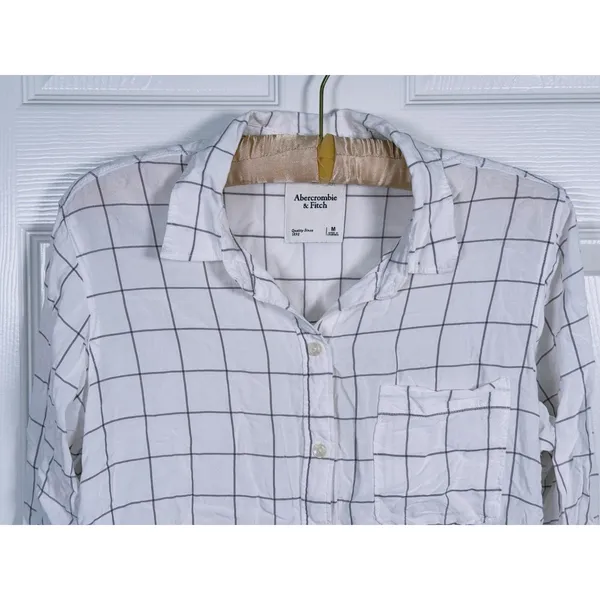 Abercrombie & Fitch Windowpane Button Up Shirt Size M White Black Coastal Preppy - Image 5